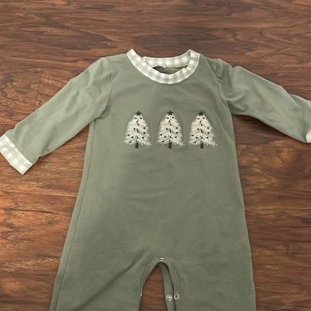 Olive Green Baby One-Piece Footie with Tree Appliqués